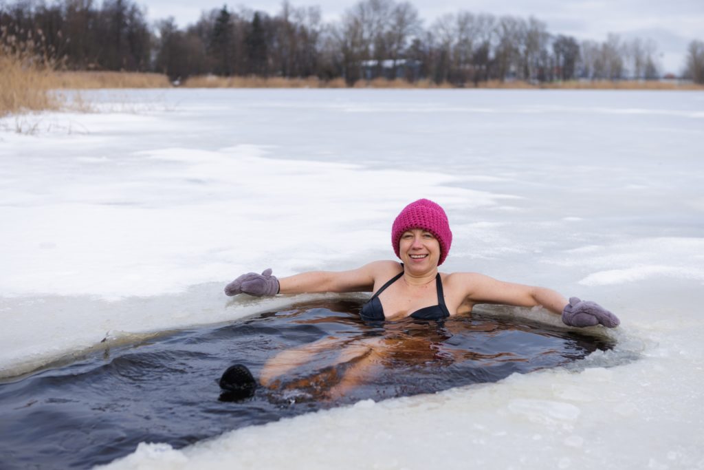 ice cold water plunging in frigid water
