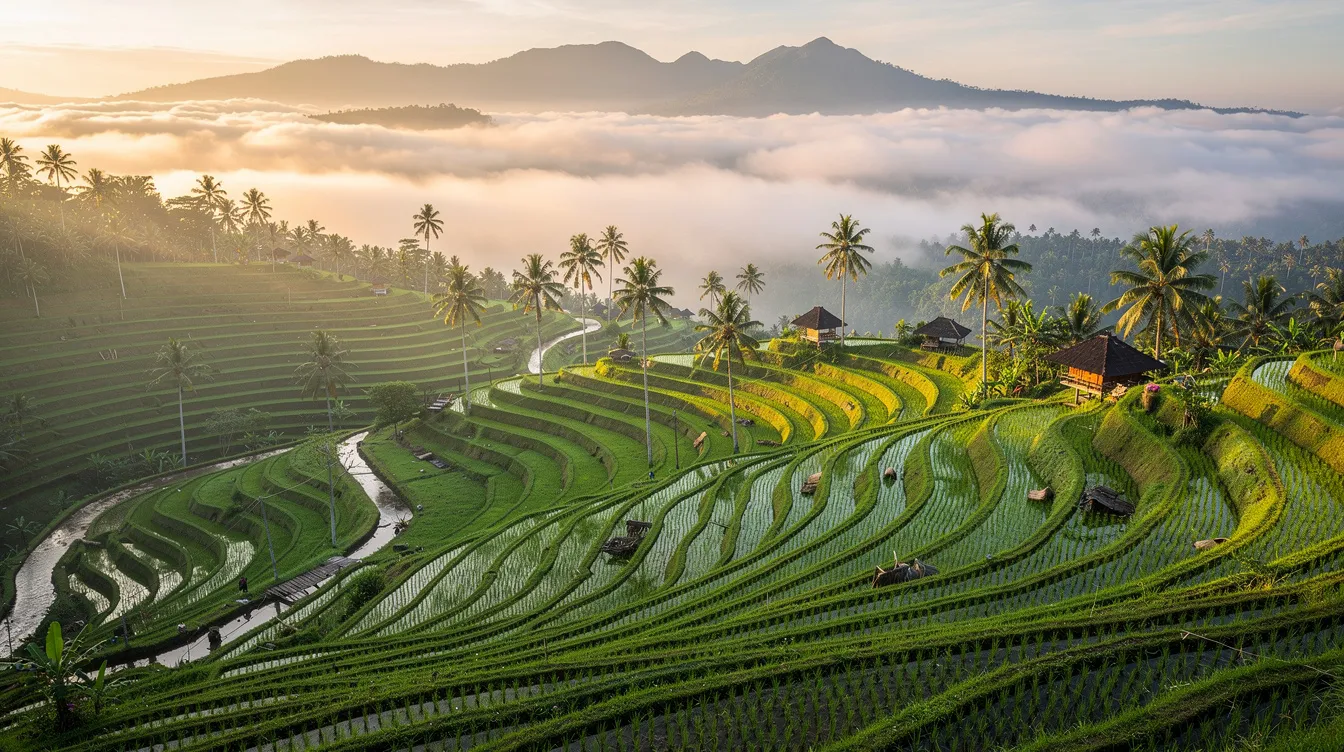 The image showcases a stunning view of Bali's beautiful rice terraces, lush green fields cascading down the landscape, framed by tall palm trees and misty mountains in the background. This picturesque scene highlights the enchanting rural beauty that Bali offers, making it a must-visit destination for travelers seeking unforgettable experiences.