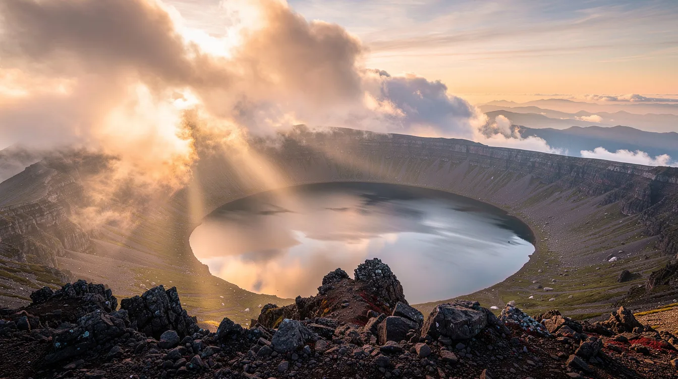 The image captures a breathtaking sunrise view from the summit of a volcanic mountain, with golden light breaking through the clouds above a serene caldera lake below. This unforgettable experience showcases Bali's stunning natural beauty, making it a must-visit destination for outdoor activities and adventure seekers.