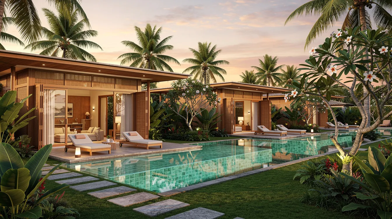 The image depicts a modern tropical villa complex in Bali, featuring individual private pools surrounded by lush landscaping and natural wood architecture. This luxurious setting offers a peaceful escape with ample natural light, ideal for enjoying a relaxing stay in one of the best villas in Canggu.