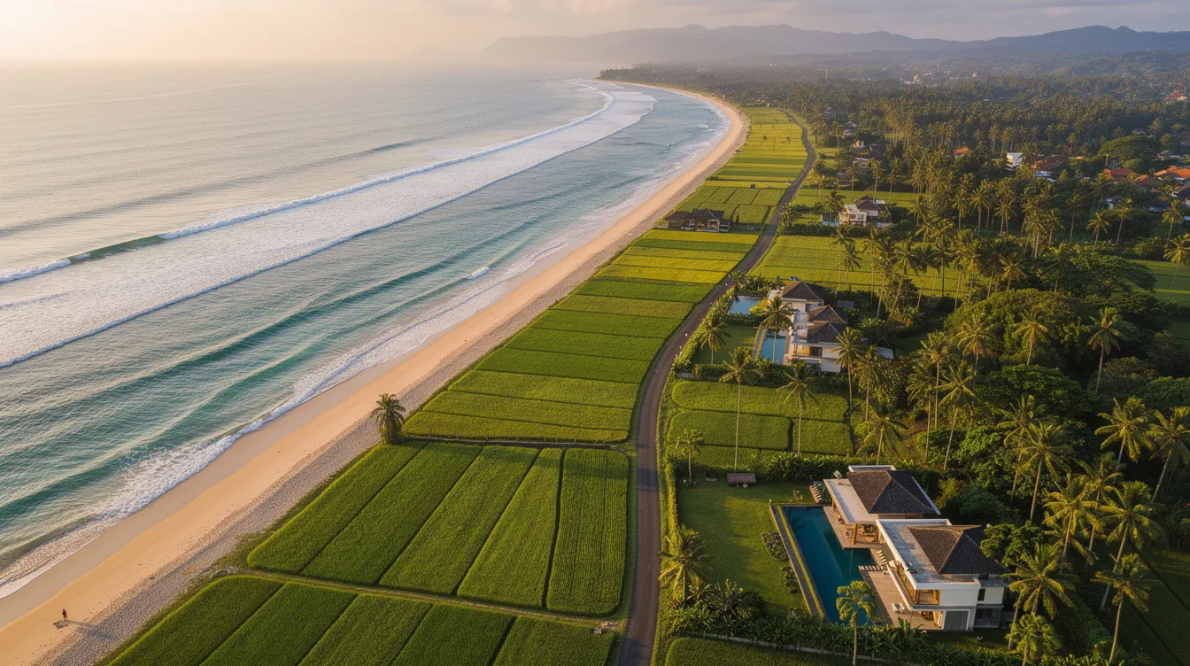 An aerial view of the Canggu coastline in Bali captures the stunning contrast of sandy beaches, lush green rice fields, and scattered villas nestled among palm trees. This picturesque scene highlights the luxurious villas in Canggu, many featuring private pools and modern amenities, perfect for a tranquil escape or a vibrant beach club experience.