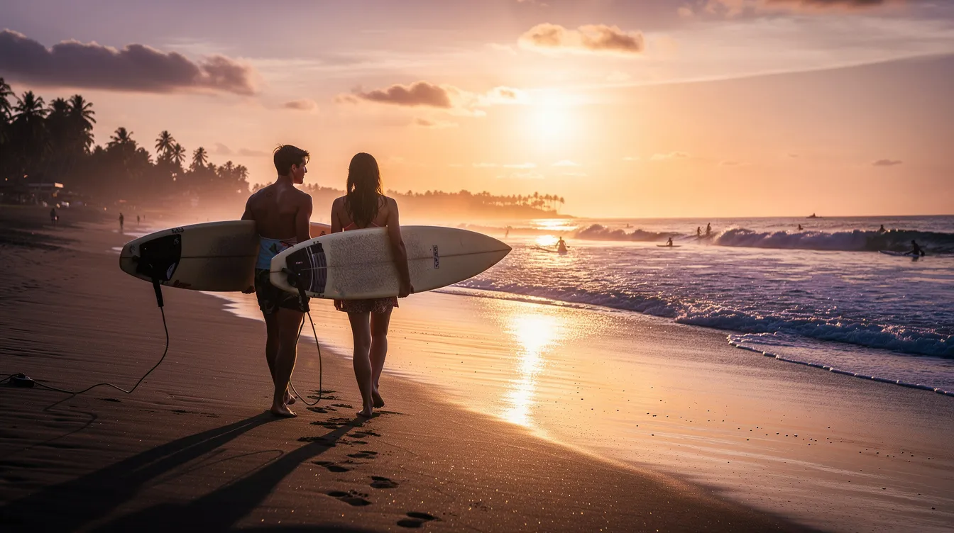 A couple strolls along a Bali beach at sunset, carrying surfboards as golden light glimmers on the wet sand. This scene captures the essence of Bali's outdoor activities and its breathtaking sunsets, making it a memorable experience for visitors.