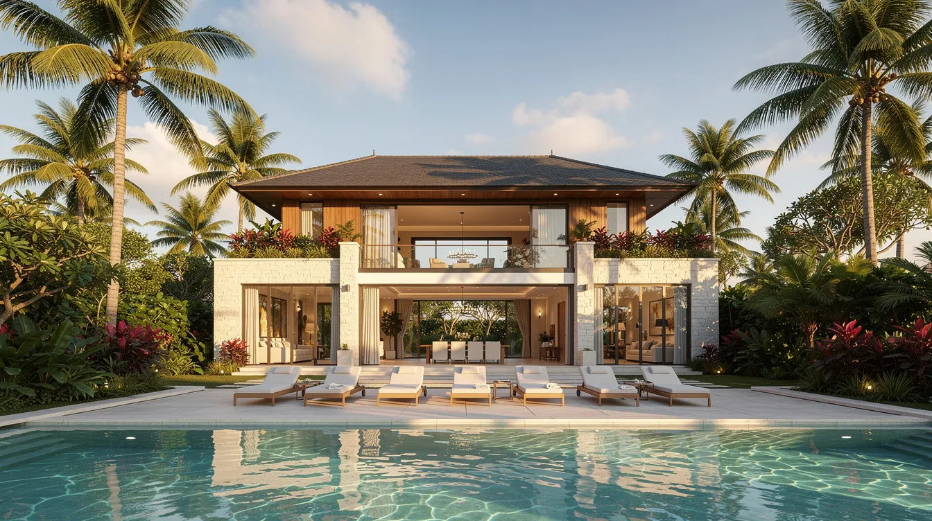 The image depicts a spacious family villa in Bali featuring a large turquoise private pool, surrounded by lush tropical gardens and comfortable sun loungers, perfect for relaxing in the sun. This luxurious villa is an ideal escape for young families, offering modern amenities and a serene atmosphere close to the best villas in Canggu.
