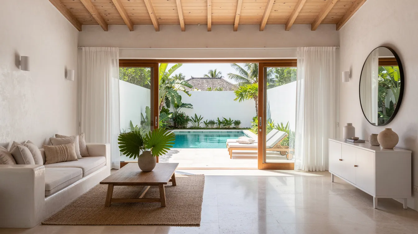 The image depicts a bright and airy interior of a whitewashed Mediterranean-style villa, featuring large glass doors that open up to a serene private pool and sun terrace, ideal for relaxation. This luxurious villa in Canggu offers modern amenities and a perfect escape, making it one of the best villas for a Bali trip.