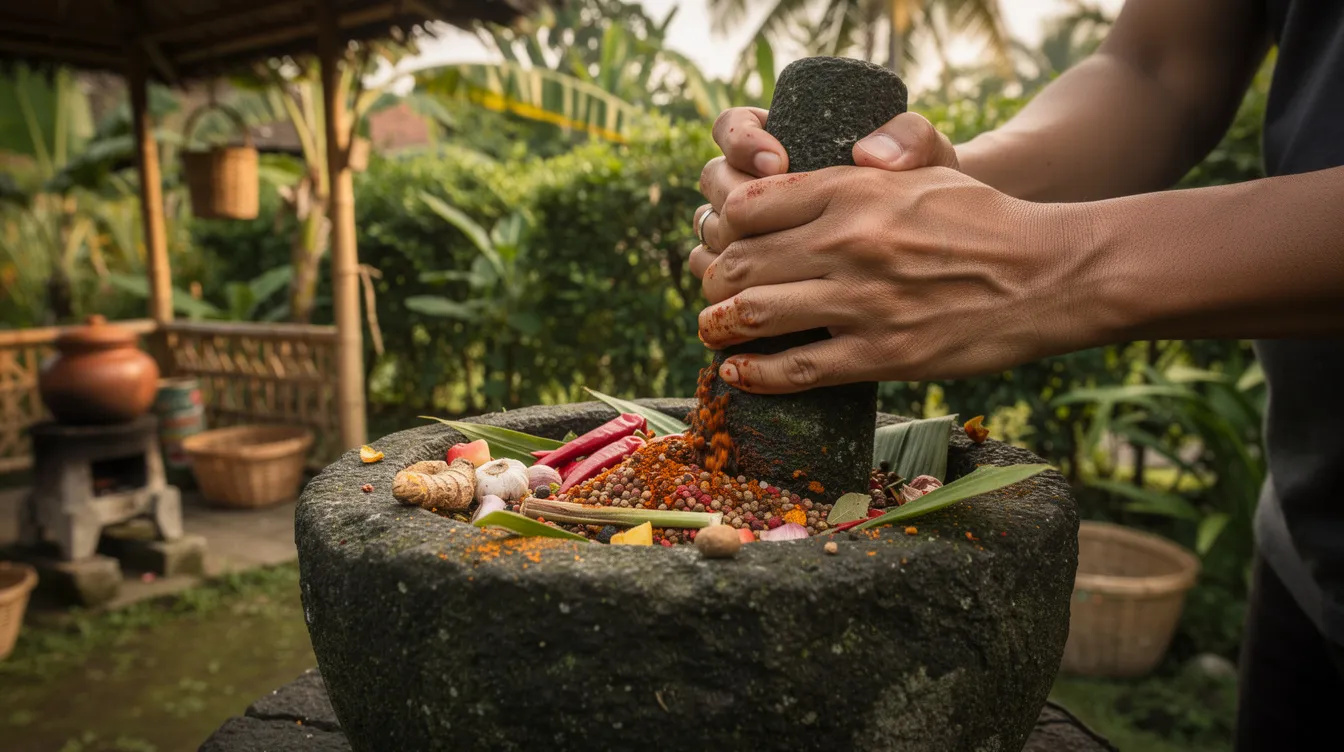 The image depicts hands skillfully grinding fresh spices using a traditional stone mortar and pestle in an outdoor Balinese kitchen, surrounded by lush tropical plants. This scene captures the essence of Balinese culture, where cooking classes often showcase the use of local ingredients, providing an unforgettable experience for visitors to Bali.