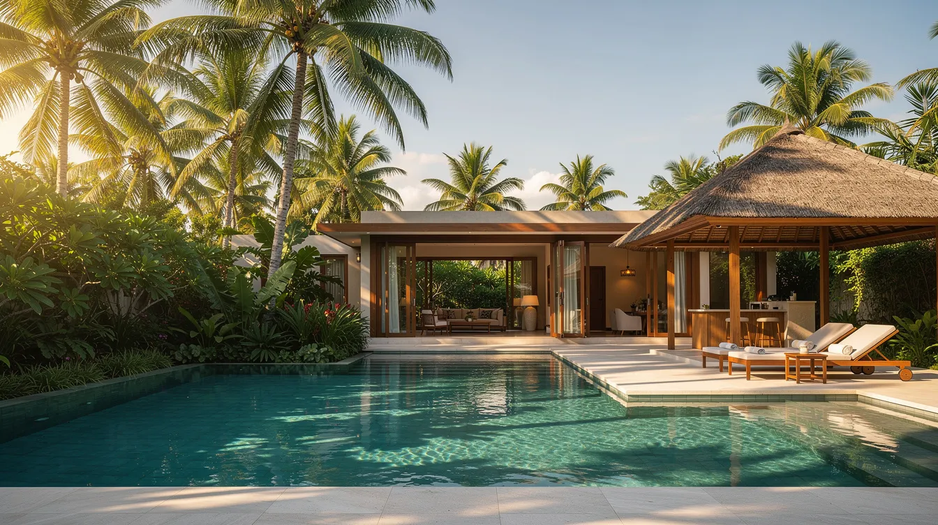 The image showcases a luxurious tropical villa in Bali, featuring a stunning turquoise private pool surrounded by lush green plants and palm trees, creating a serene and inviting atmosphere. This modern villa offers a peaceful escape, perfect for enjoying a relaxing Bali trip.