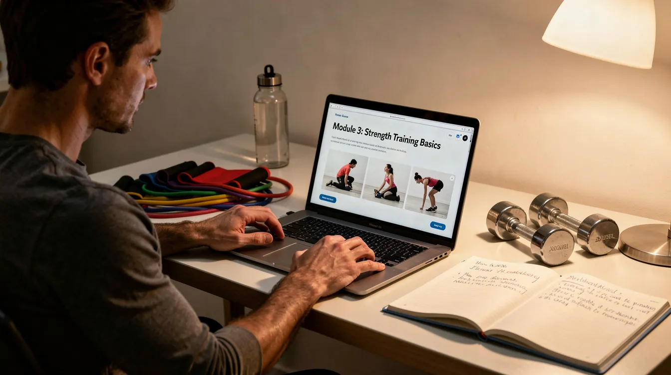 A person is studying fitness course material on a laptop at a desk, surrounded by resistance bands and small weights, indicating a focus on barre training and exercise science. This scene reflects the commitment of future barre instructors to enhance their skills and knowledge for effective group fitness instruction.