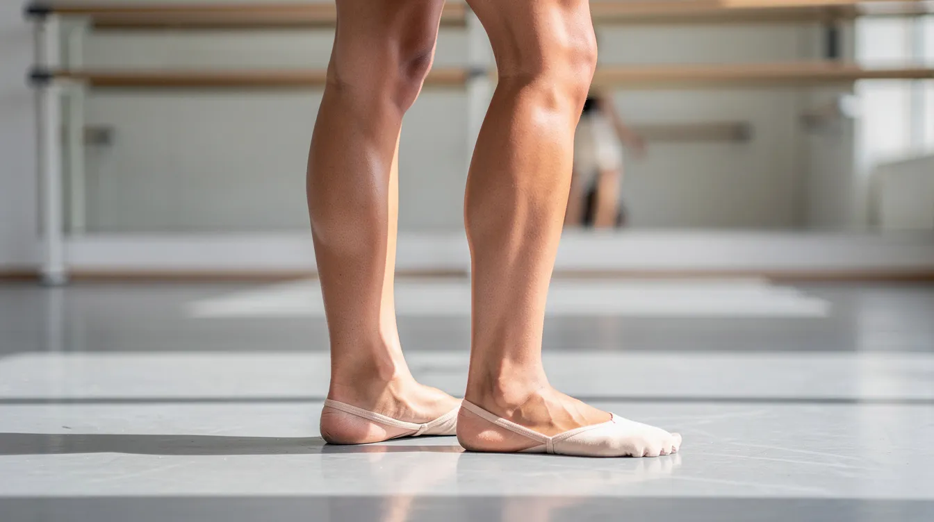 The image shows a close-up view of a person's legs and feet executing a plié at a ballet barre, emphasizing proper knee alignment over the toes. This technique is essential in barre fitness, highlighting the importance of correct form for injury prevention and muscular endurance.