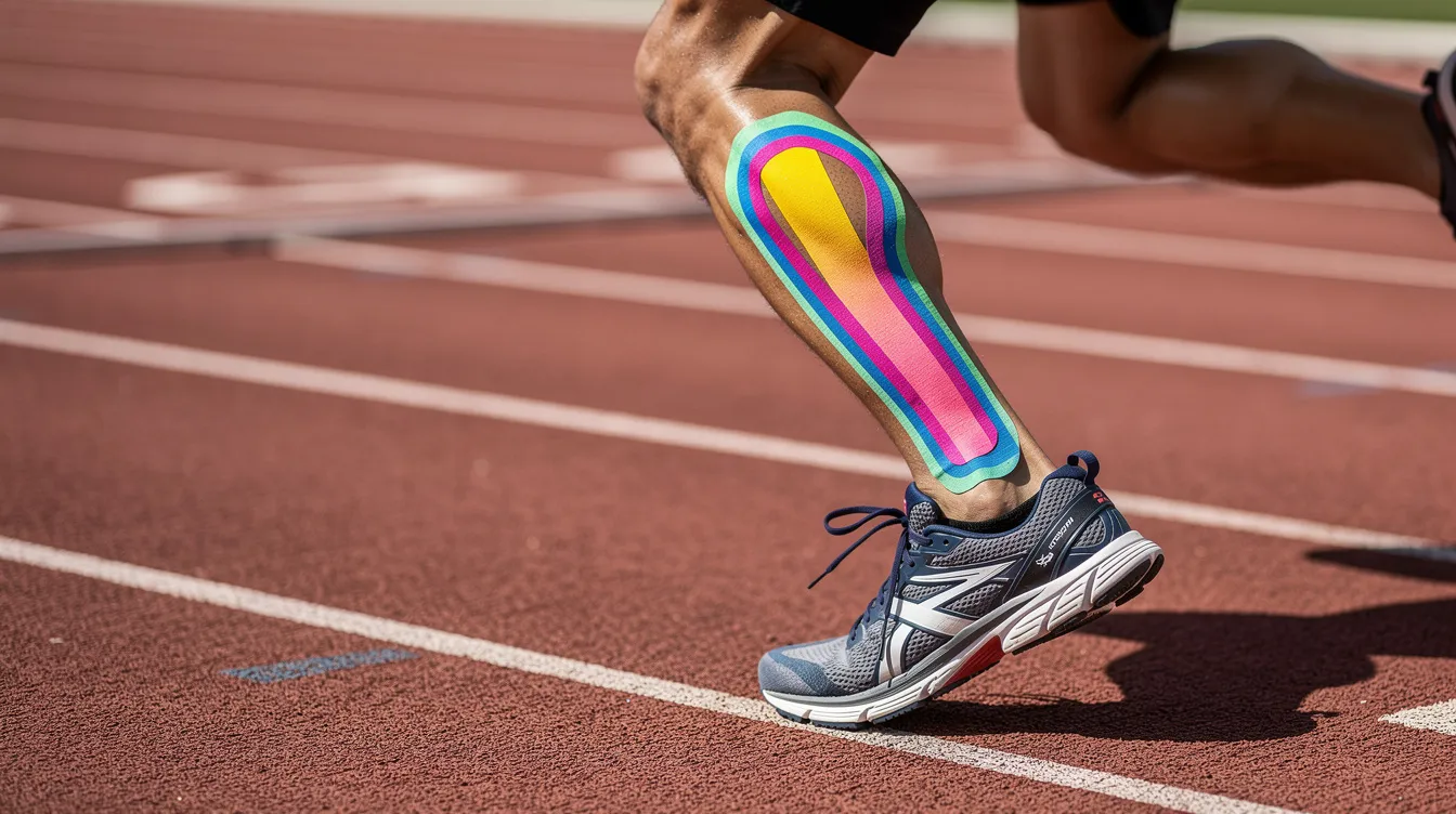 An athlete is seen on a running track, with kinesiology tape visibly applied to their lower leg and ankle, suggesting a focus on injury management such as ankle sprains or shin splints. This image highlights the use of kinesiology taping techniques, which are valuable for enhancing performance and supporting muscle recovery during training.