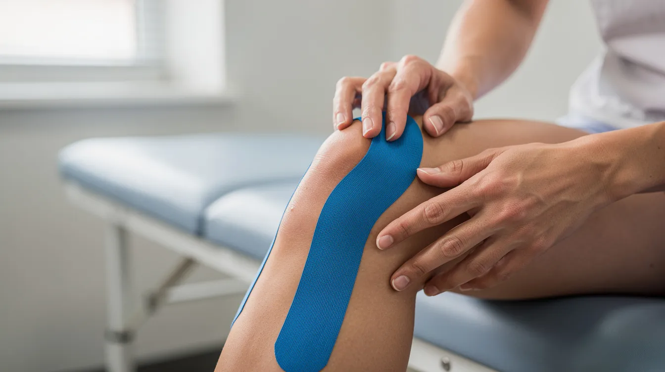 A close-up image shows a practitioner's hands skillfully applying blue kinesiology tape to a person's knee in a clinical setting, highlighting the technique used for managing medial knee pain and enhancing rehabilitation for athletes. This kinesiology taping application aims to support muscles and improve movement during training and recovery.