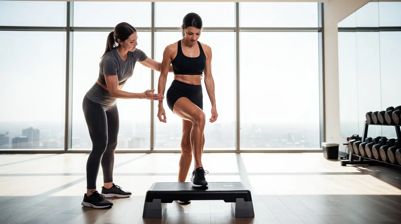 A fitness trainer is demonstrating a lower leg strengthening exercise to a client in a modern, well-lit studio, focusing on techniques to alleviate symptoms of plantar fasciitis and heel pain. The environment is encouraging and equipped with supportive footwear options to enhance the client's comfort during the workout.