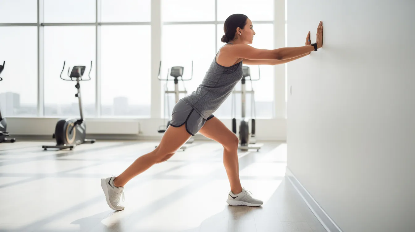 A person is performing a calf wall stretch in a bright indoor fitness space, with their hands pressed against the wall and one leg extended behind them. This stretch can help alleviate symptoms of plantar fasciitis and reduce heel pain by targeting tight calf muscles and the achilles tendon.