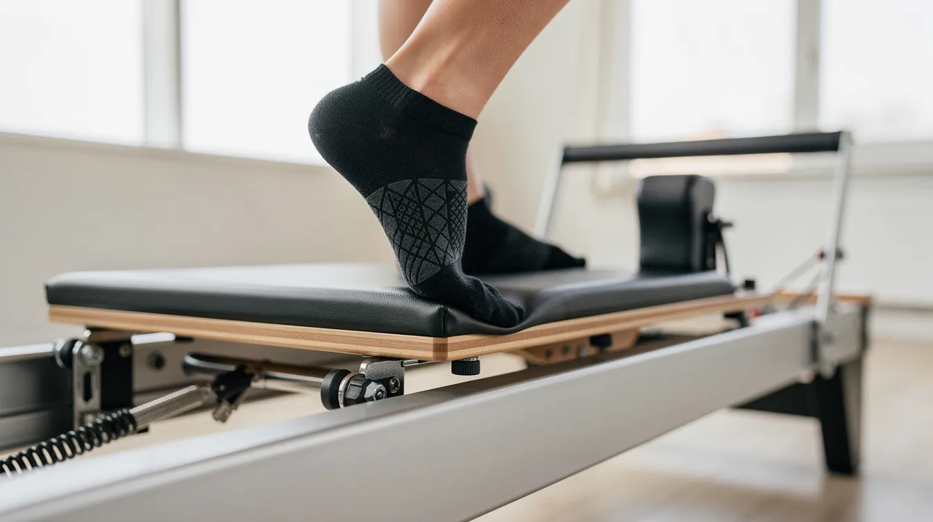 A person wearing grip socks is stepping onto a Pilates reformer carriage in a clean and well-lit Pilates studio, ready to engage in a full body workout. This moment captures the essence of reformer Pilates classes, emphasizing mindful movement and body awareness in a welcoming environment.